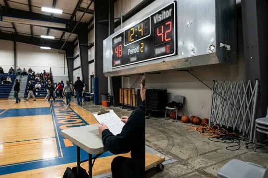 Scoreboard or statistics display showing routine tournament information inside an active basketball setting, with court